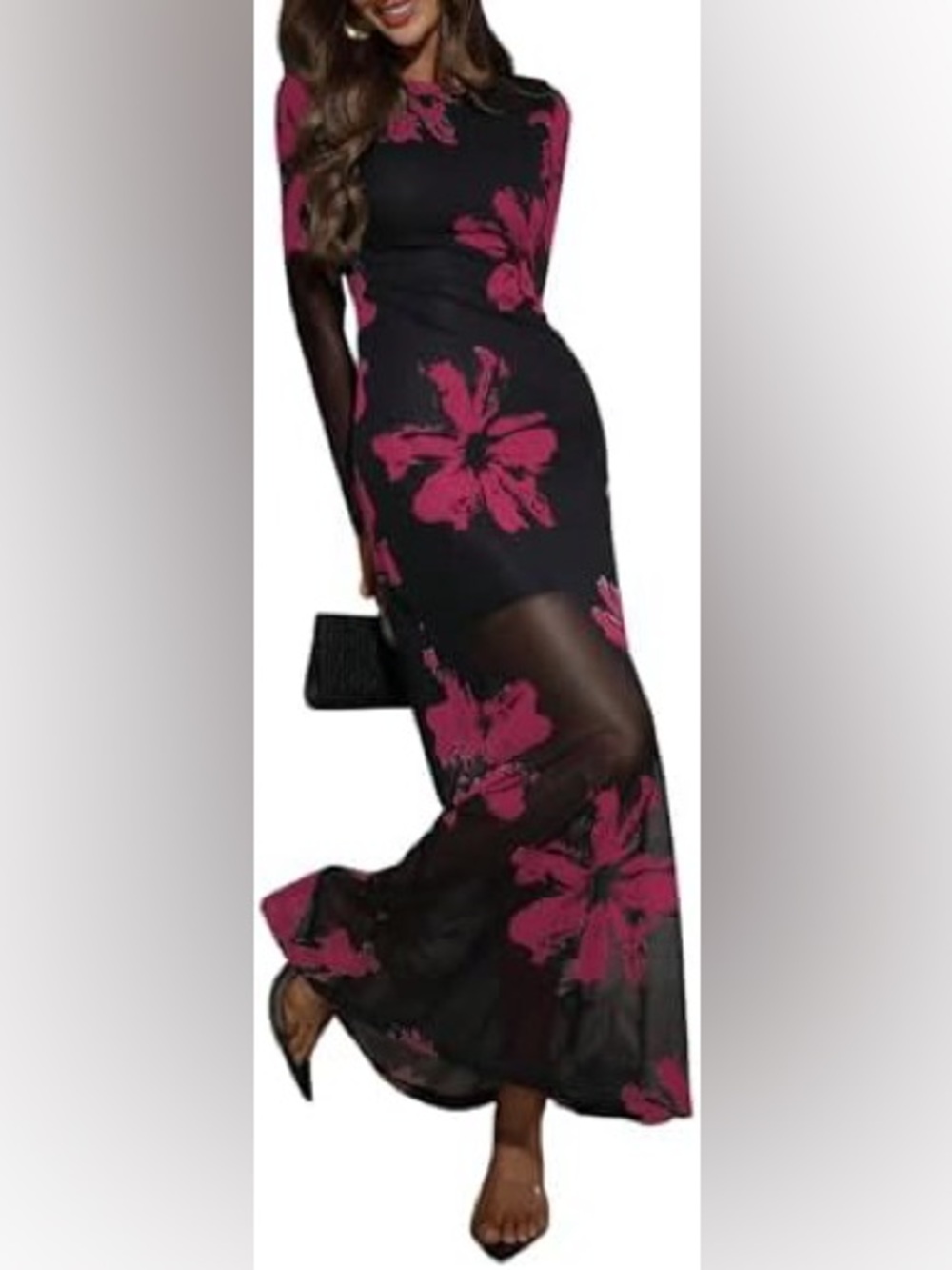 Black Sheer Floral Scarf with Pink Blooms
